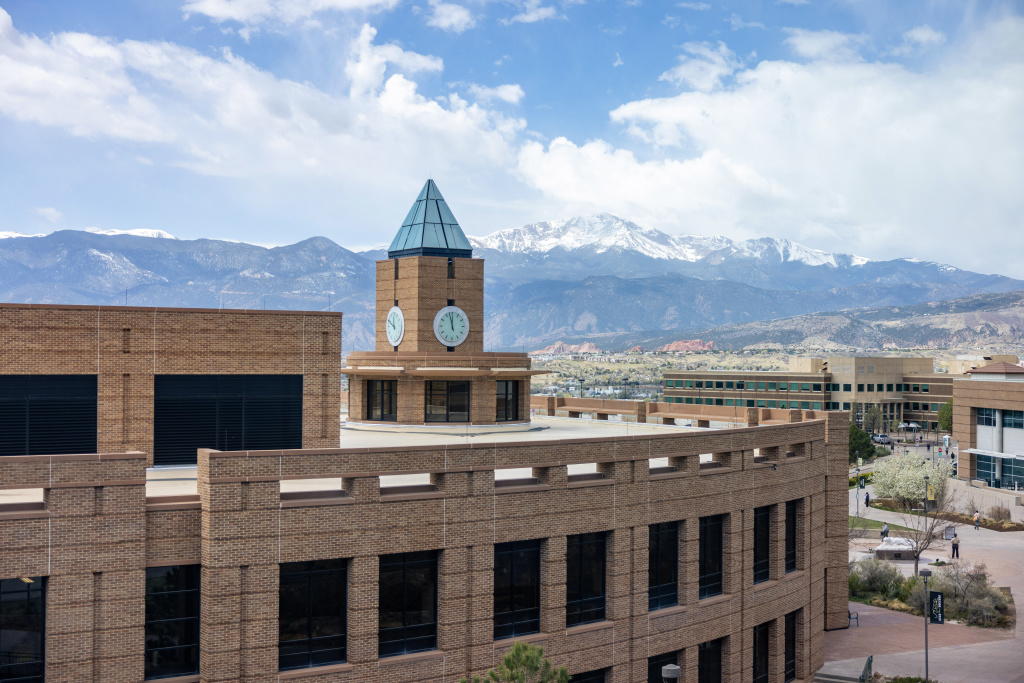 El Pomar Clocktower with Pikes Peak and Garden of the Gods in the background