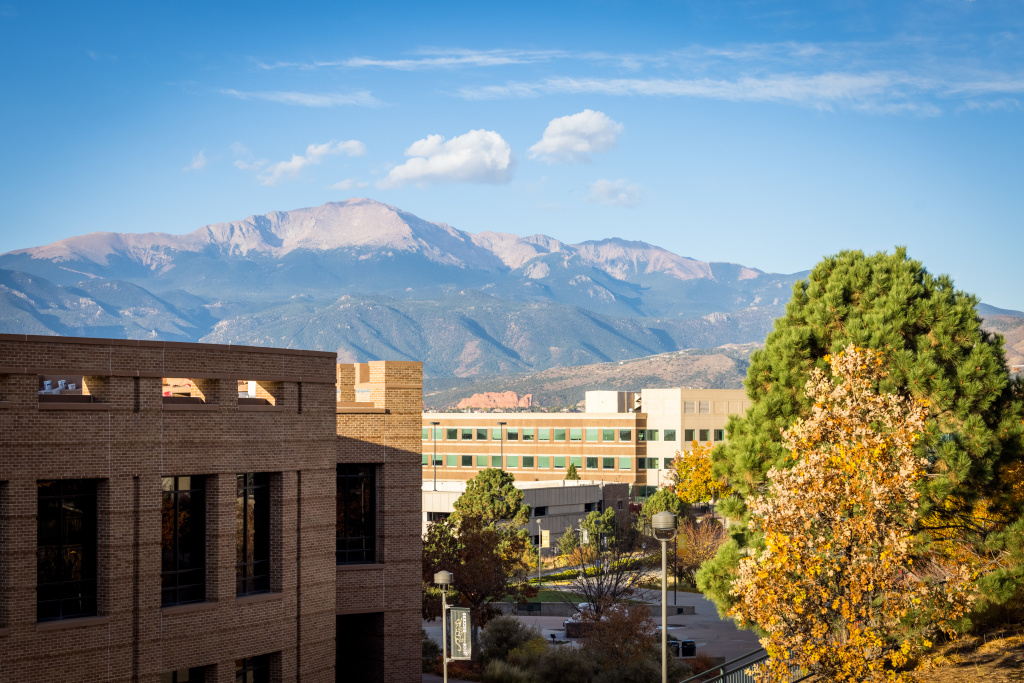 view of Pikes Peak from Campus