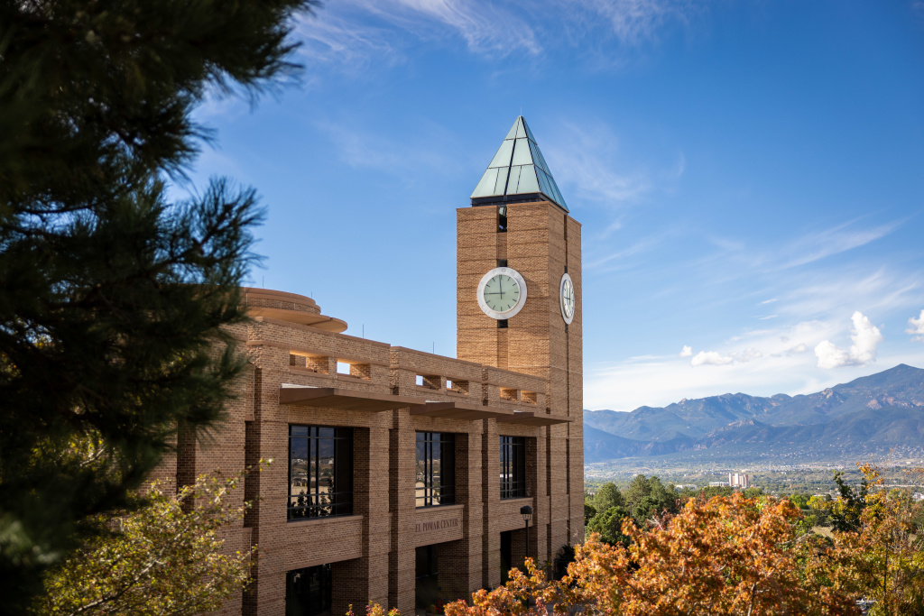 El Pomar Clocktower with Pikes Peak in the background